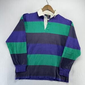 Vintage Lans End Rugby Shirt men's Small Blue Green Colorblock Heavyweight 90s